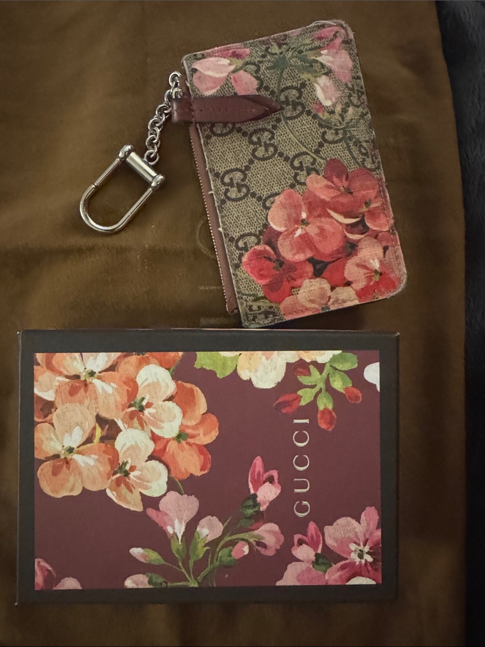 Gucci Beige GG Canvas Key Pouch with Pink Floral Print with Gucci Floral Box - Picture 4 of 4
